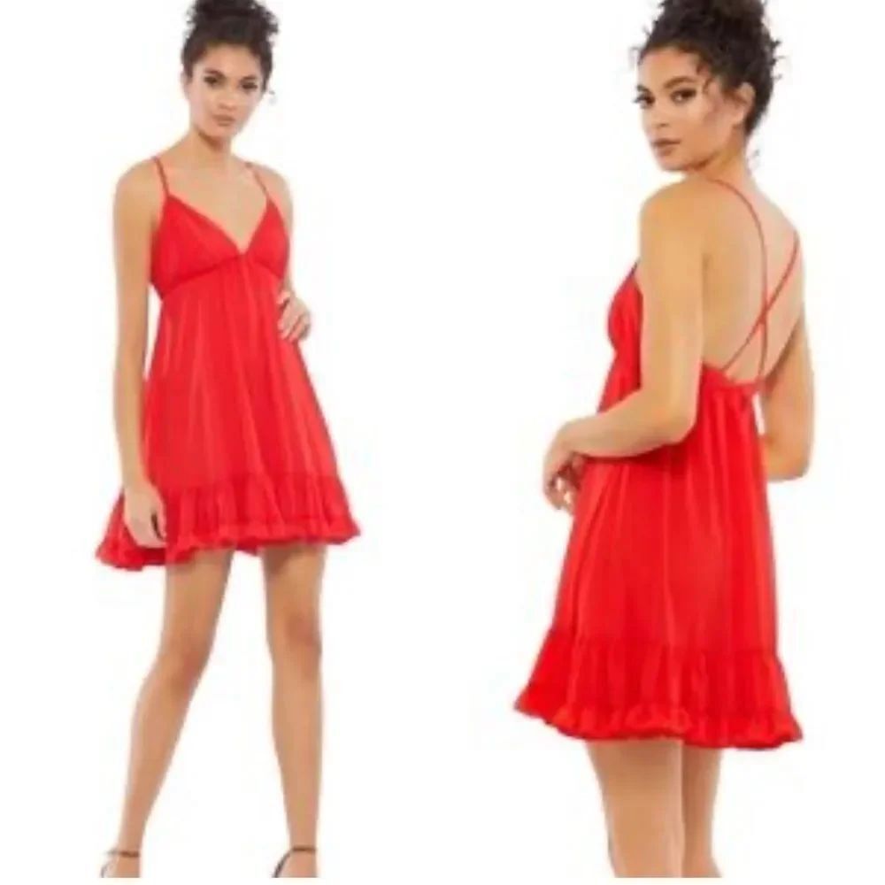 Mac Duggal 70194 Ruffle V-Neck Criss-Cross Mini Dress Womens $358